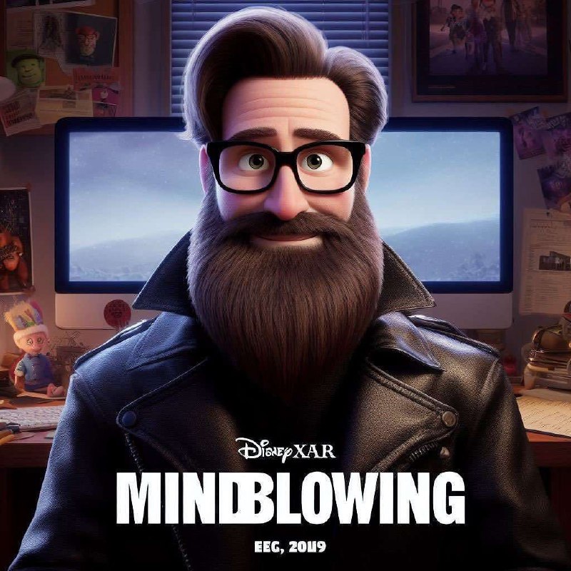 Disney Pixar Mindblowing EEG 2019 Мужчина в очках с бородой и в кожаной куртке, с надписью Disney Pixar Mindblowing EEG 2019