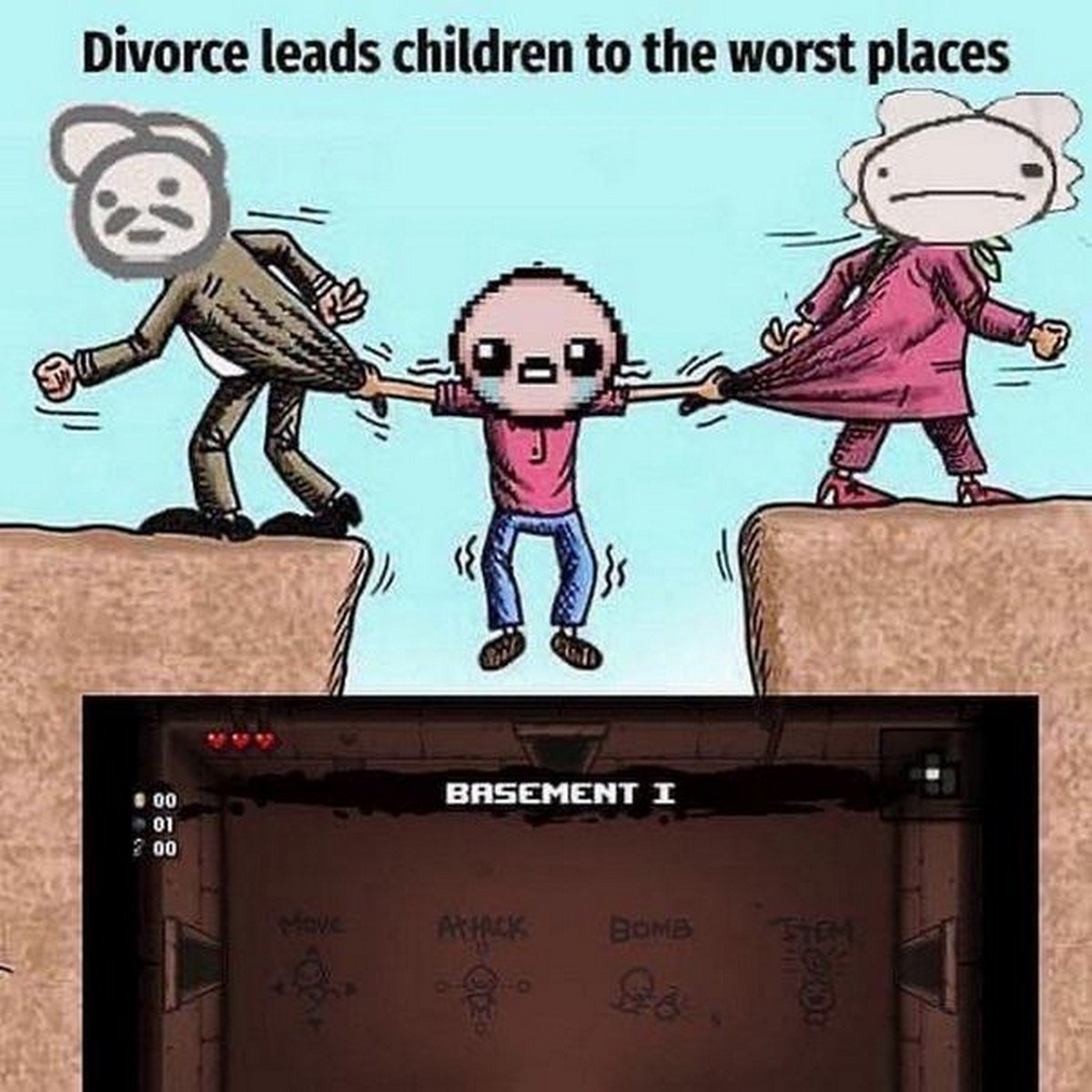 Divorce leads children to the worst places Мем про развод, который отправляет детей в худшие места, а именно в подвал игры The Binding of Isaac.