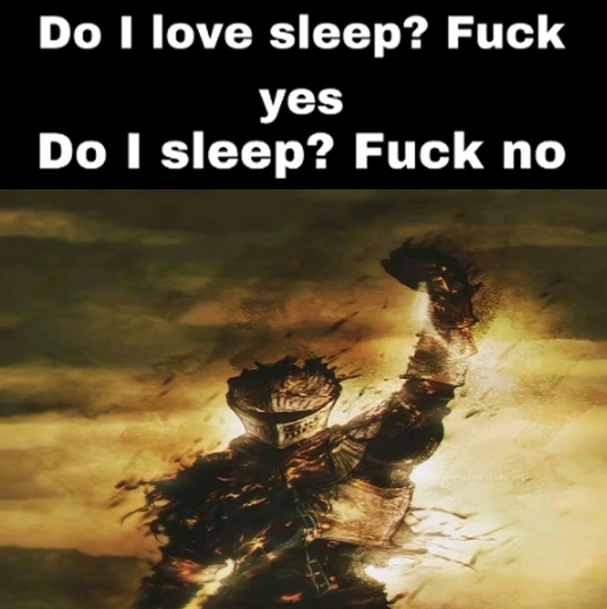 Do I love sleep? Fuck yes. Do I sleep? Fuck no. Персонаж из Dark Souls поднимает кулак, а сверху надпись: "Do I love sleep? Fuck yes. Do I sleep? Fuck no."
