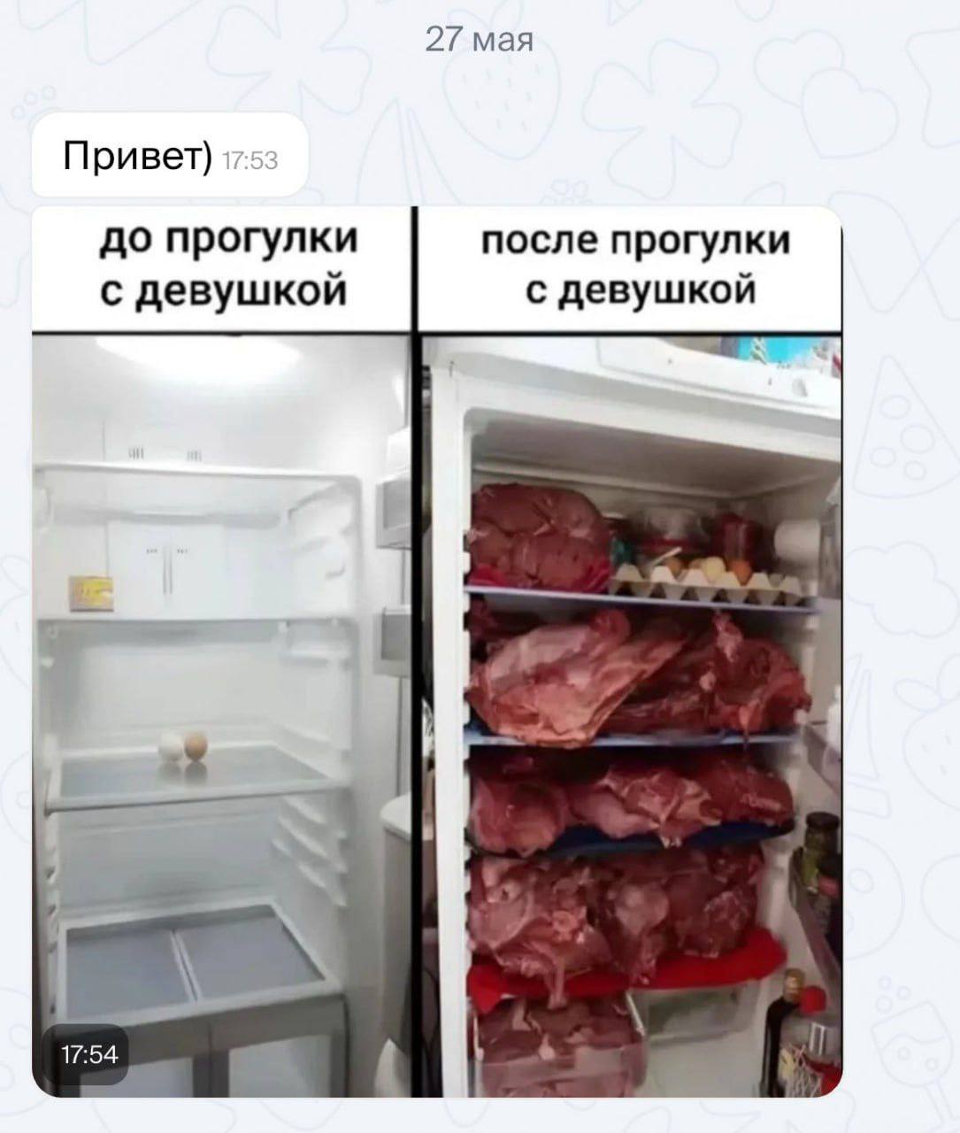 До и после прогулки с девушкой Мем с двумя изображениями холодильника: почти пустым "до прогулки с девушкой" и полностью забитым мясом и продуктами "после прогулки с девушкой".