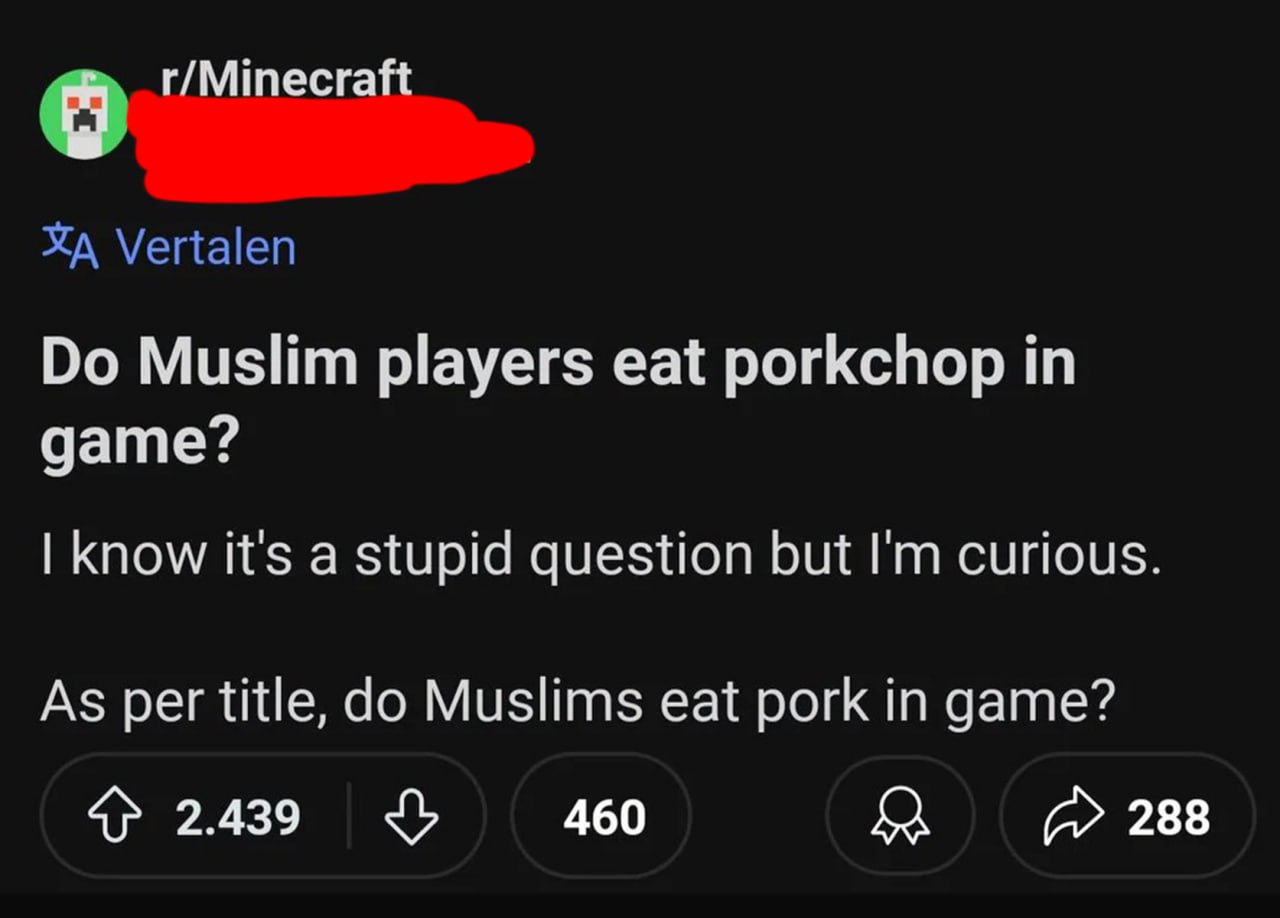 Do Muslim players eat porkchop in game Скриншот поста Reddit из сабреддита r/Minecraft с вопросом о том, едят ли мусульмане свинину в игре