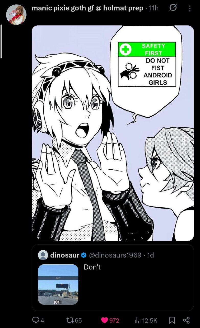 Do not fist android girls Персонаж аниме в деловом костюме с повязкой на голове и наушниками показывает знак "не надо" или "стоп" другому персонажу, а рядом с ней "всплывающая" табличка с надписью "Safety first. Do not fist android girls"