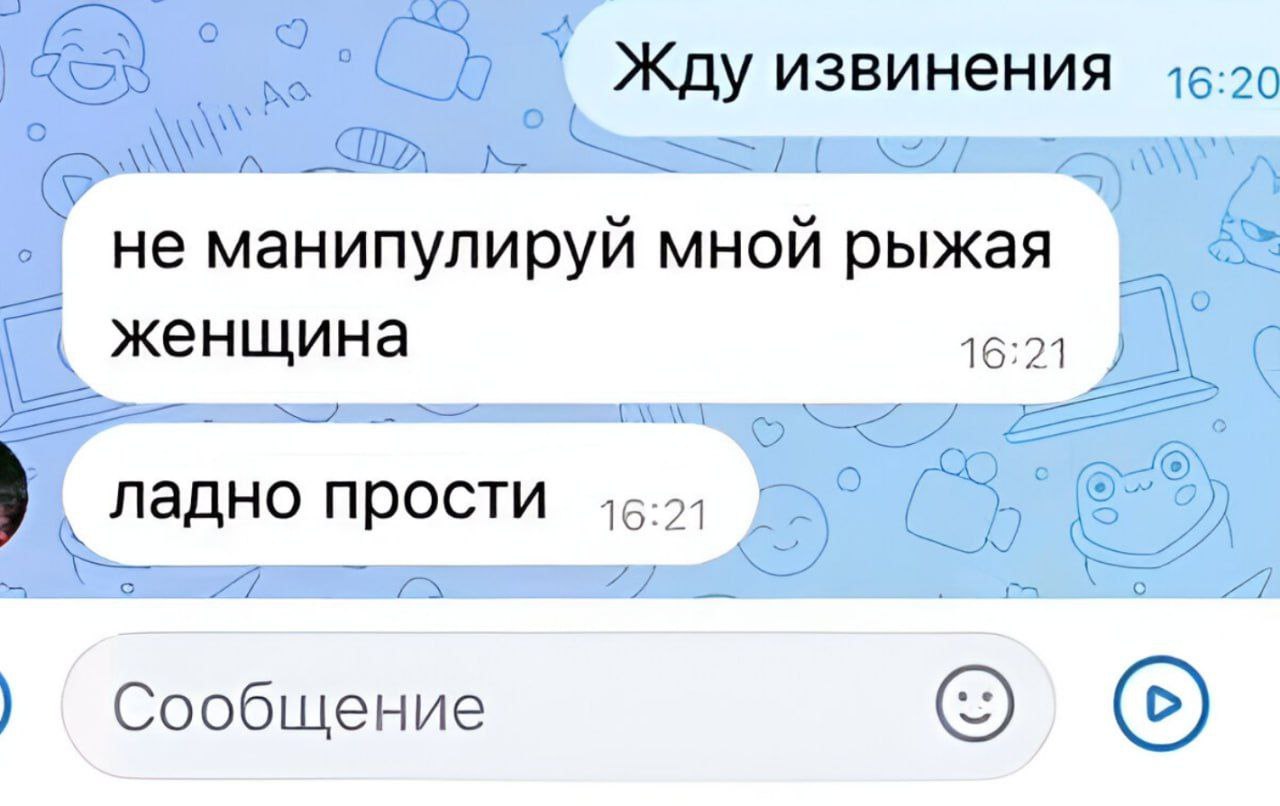 Не манипулируй мной рыжая женщина Скриншот переписки, где один человек требует извинений, другой отвечает: «Не манипулируй мной рыжая женщина», а затем сразу же пишет: «Ладно прости».