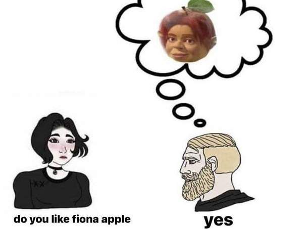 Do you like Fiona Apple Шрек яблоко Мем с девушкой, спрашивающей «Do you like Fiona Apple», и мужчиной, думающим о яблоке с лицом Шрека.
