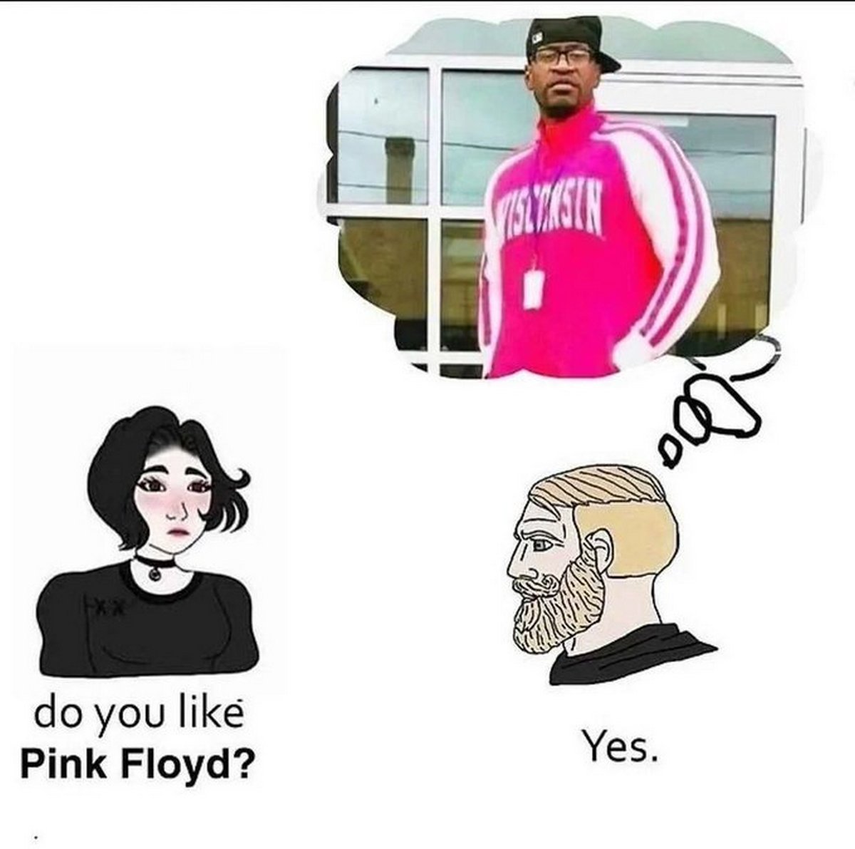 Do you like Pink Floyd meme Девушка спрашивает у мужчины в меме, нравится ли ему группа Pink Floyd, на что он отвечает "да", но при этом он думает про Джорджа Флойда.