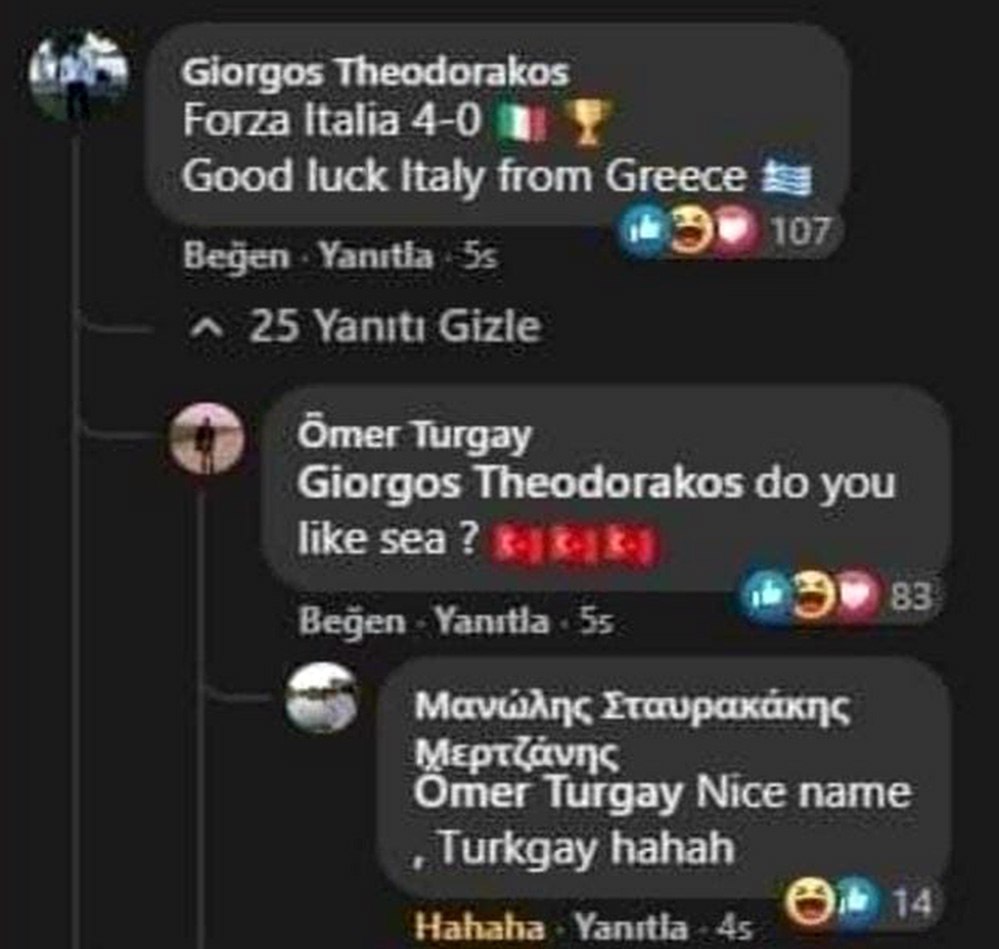 Do you like sea? Мем, где пользователь Ömer Turgay спрашивает Giorgos Theodorakos, нравится ли ему море, а затем следует комментарий о его имени