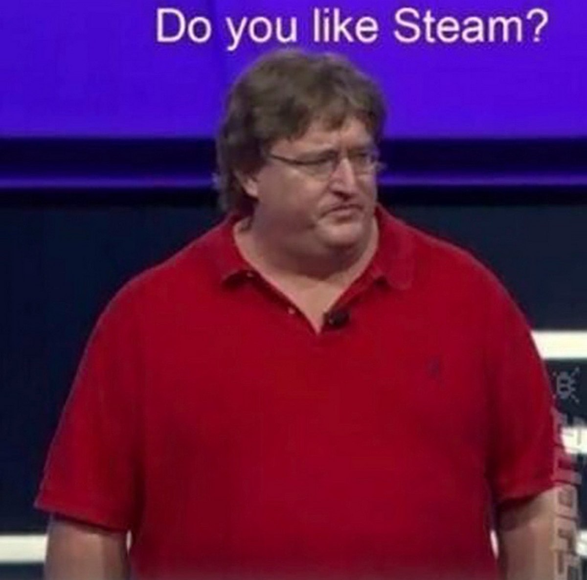 Do you like Steam? Гейб Ньюэлл Гейб Ньюэлл в красной футболке, отвечающий на вопрос «Вам нравится Steam?»