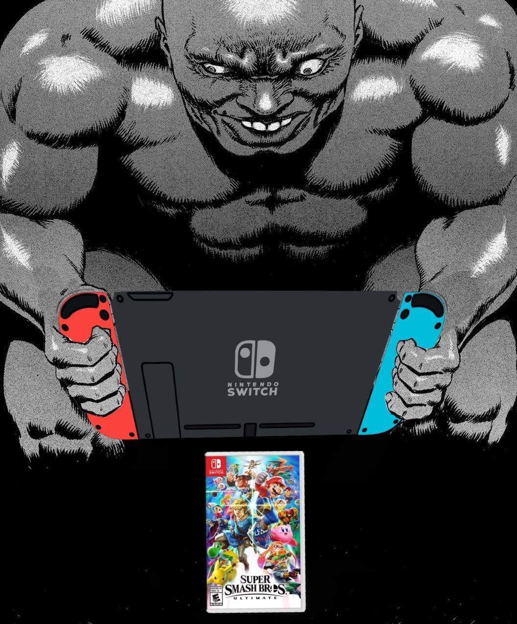 Ты играешь в Super Smash Bros Ultimate? Мем с очень мускулистым лысым мужчиной, который играет в Nintendo Switch и смотрит на зрителя безумным взглядом, а под ним лежит коробка с игрой Super Smash Bros Ultimate