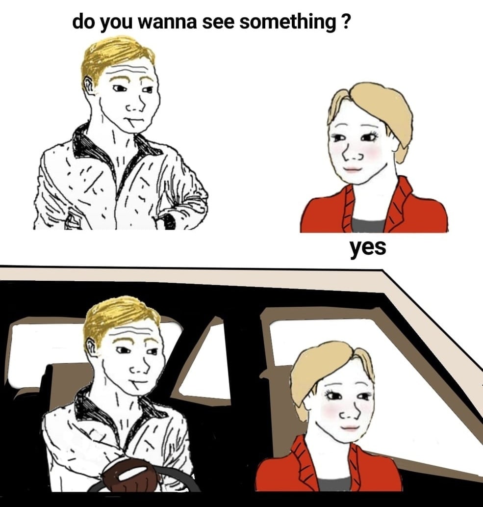 Do you wanna see something Мем с парнем и девушкой wojak, сидящими в машине, где он спрашивает её: «Хочешь что-то увидеть?».