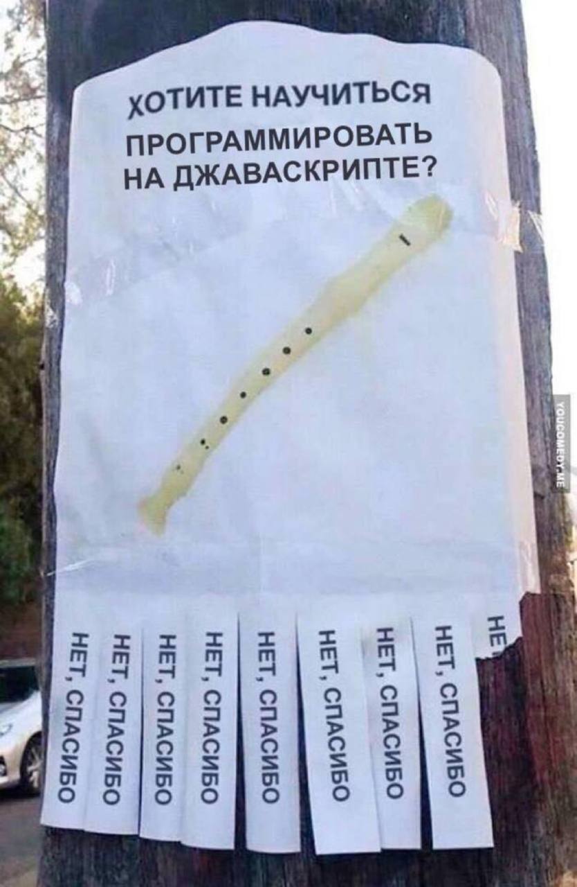Хотите научиться программировать на джаваскрипте? Мем с объявлением «Хотите научиться программировать на джаваскрипте?» и отрывными листками «Нет, спасибо» на фоне деревянного столба и зелени.