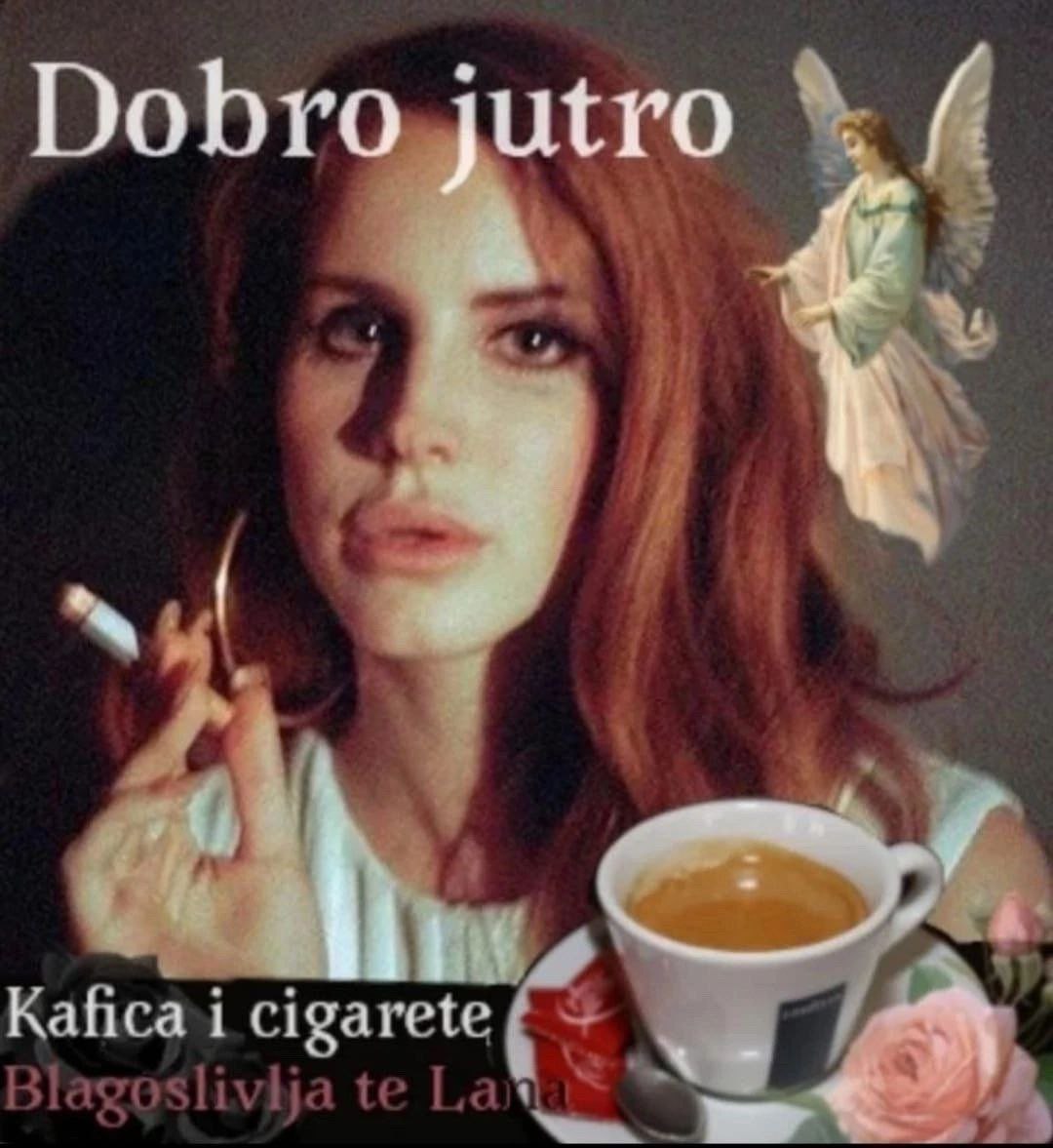 Добро утро Лана Дель Рей сигарета кофе ангел Лана Дель Рей с сигаретой, кофе и ангелом, надпись добро утро