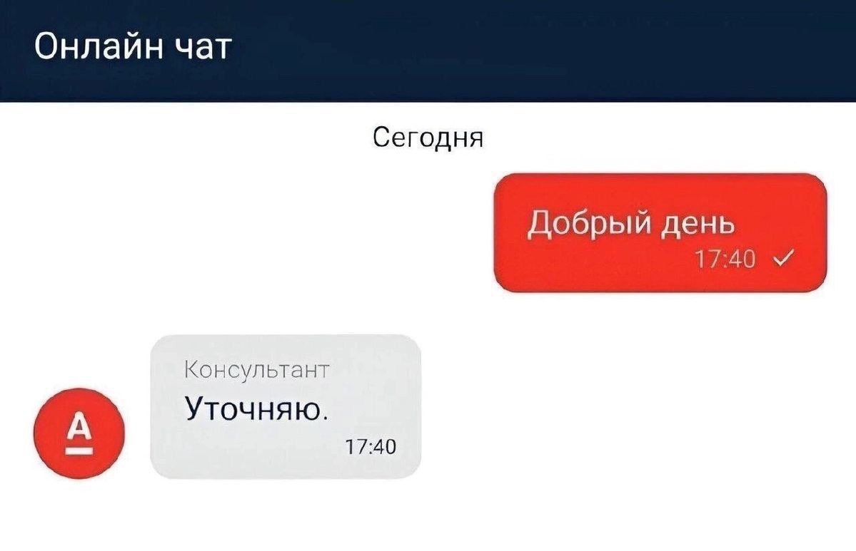 Добрый день. Уточняю. Скриншот онлайн-чата с сообщением "Добрый день" от пользователя и "Уточняю" от консультанта