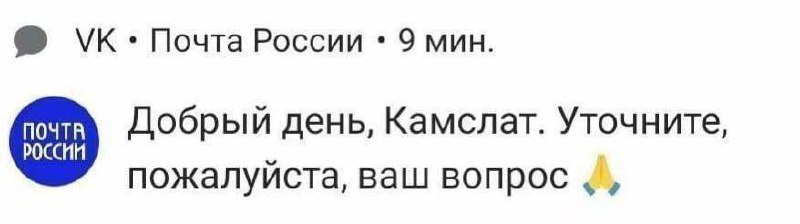 Добрый день, Камслат Скриншот сообщения «Почты России» с обращением «Добрый день, Камслат» и эмодзи сложенных ладоней