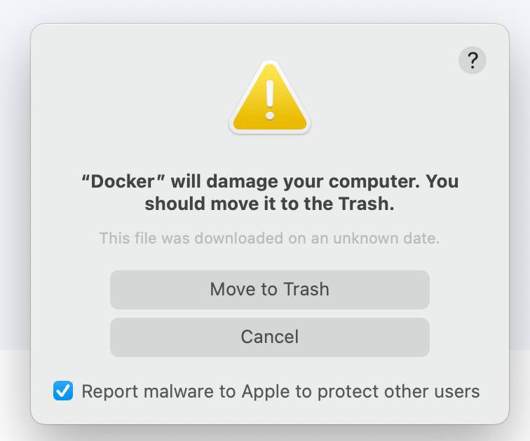 Docker повредит ваш компьютер Мем с предупреждением macOS о том, что "Docker" может повредить ваш компьютер