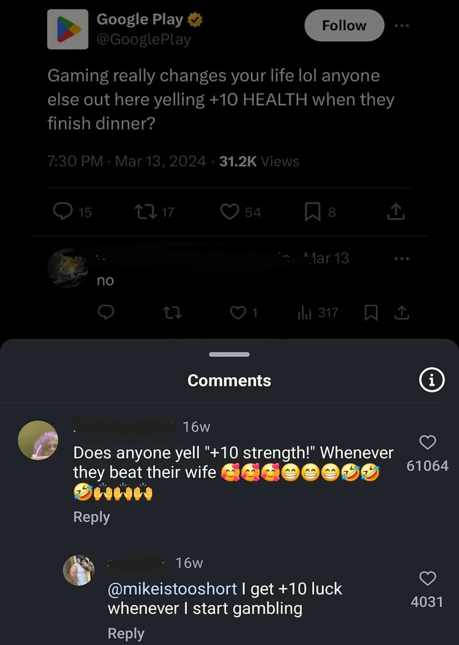 Does anyone yell "+10 strength!" Whenever they beat their wife Мем с твитами о том, как игры влияют на жизнь, и очень смешными комментариями, которые стали популярными.