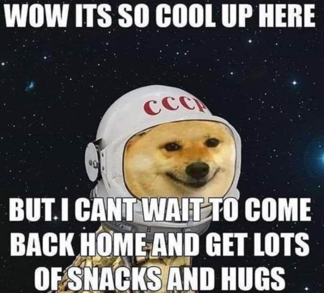 Doge космонавт в скафандре СССР Мем с собакой Doge в шлеме космонавта СССР на фоне космоса, ожидающей возвращения домой за вкусняшками и обнимашками.