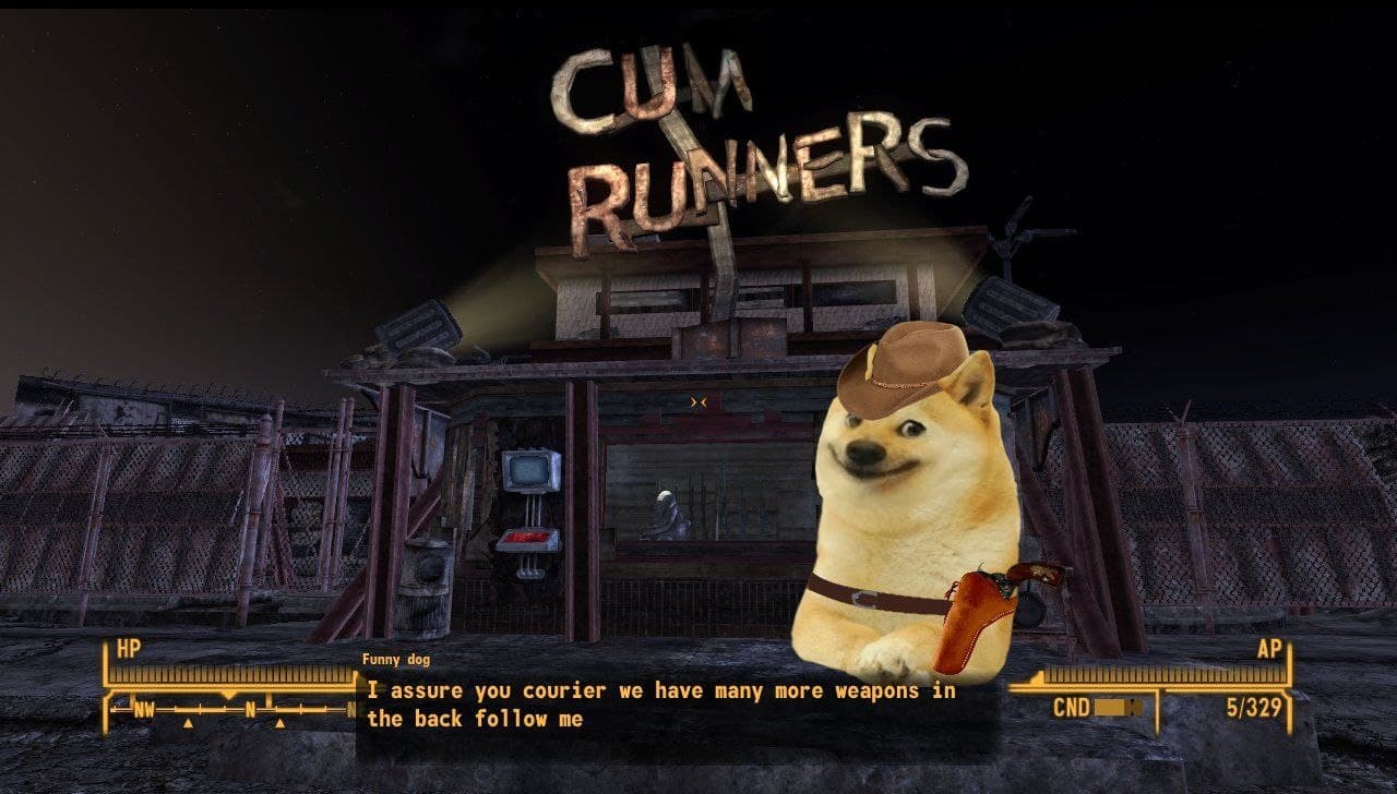 Доге в Fallout New Vegas Мем с Доге в ковбойской шляпе из игры Fallout New Vegas, предлагающий оружие