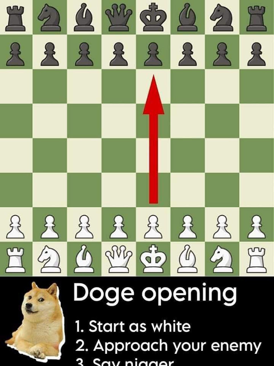 Doge opening Мем "Doge opening" с шахматной доской и инструкцией по игре за белых.