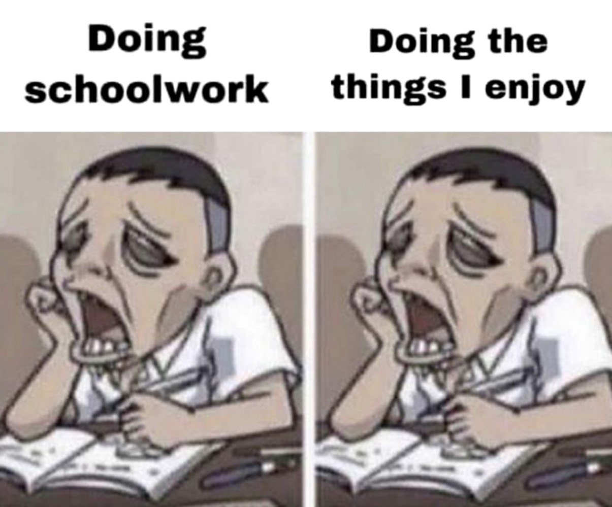 Doing schoolwork doing the things I enjoy Мем с уставшим, замученным человеком, который сидит за столом и делает домашнее задание или занимается чем-то, что ему нравится. Оба изображения показывают его одинаково уставшим, словно он изнеможен как от скучной работы, так и от любимого занятия. Это означает, что он всегда уставший, независимо от обстоятельств.