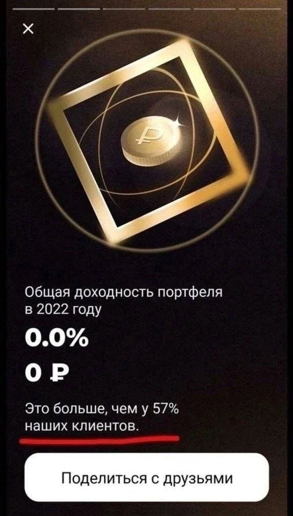 Доходность портфеля 0 процентов Скриншот приложения банка или брокера с нулевой доходностью портфеля за 2022 год.