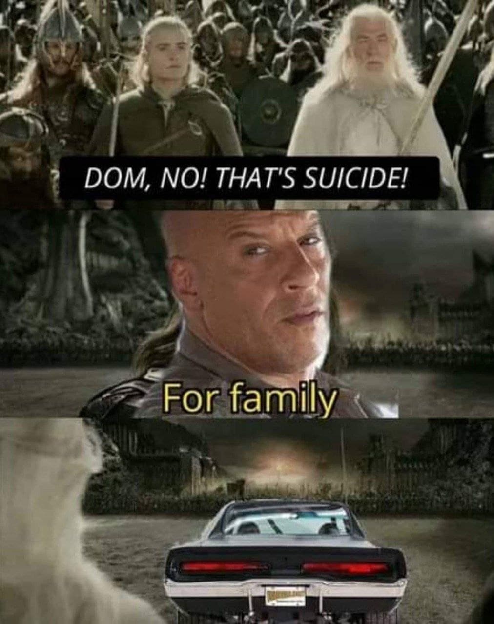 Dom, no! That's suicide! For family Вин Дизель на машине Доминика Торетто едет на битву в Хельмову Падь ради семьи, а Леголас и Гэндальф пытаются его остановить
