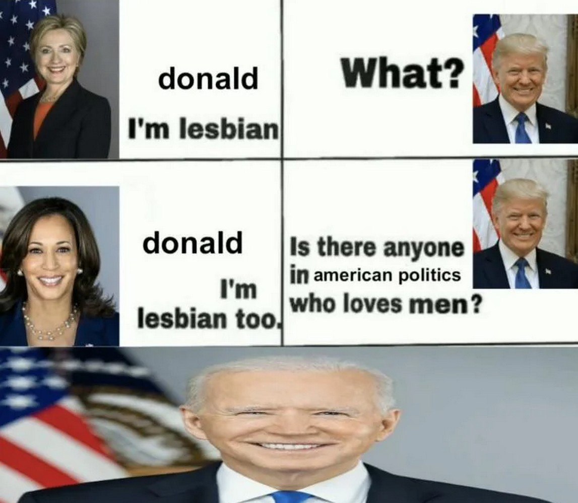 Donald, I'm lesbian Мем, где три известные американские политические деятельницы заявляют о своей нетрадиционной ориентации, и только Джо Байден любит мужчин.