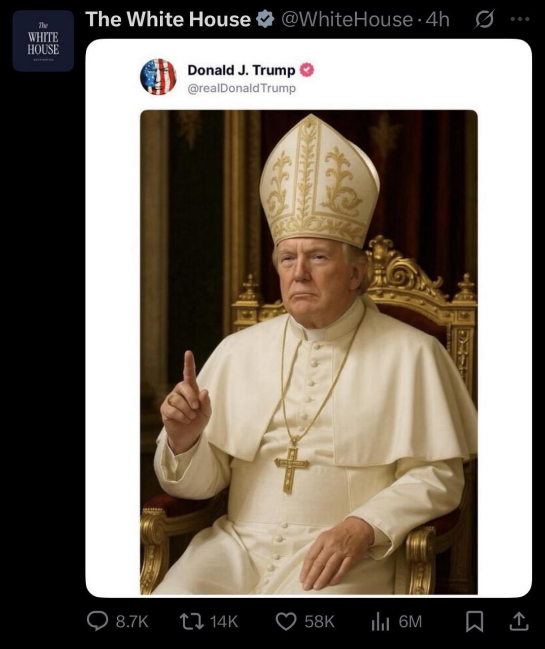 Дональд Трамп в образе папы римского Фотография Дональда Трампа в облачении Папы Римского, сидящего на троне и поднявшего палец вверх, с подписью "The White House".
