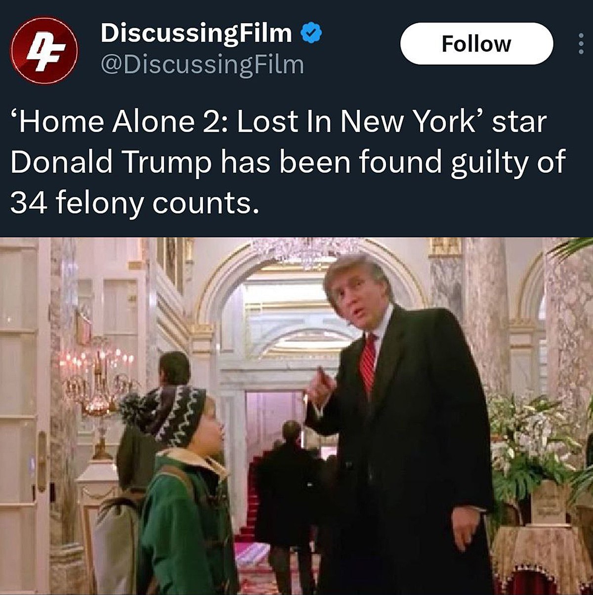 Donald Trump has been found guilty of 34 felony counts Дональд Трамп в фильме Один дома 2: Потерявшийся в Нью-Йорке и новость о его судимости по 34 пунктам