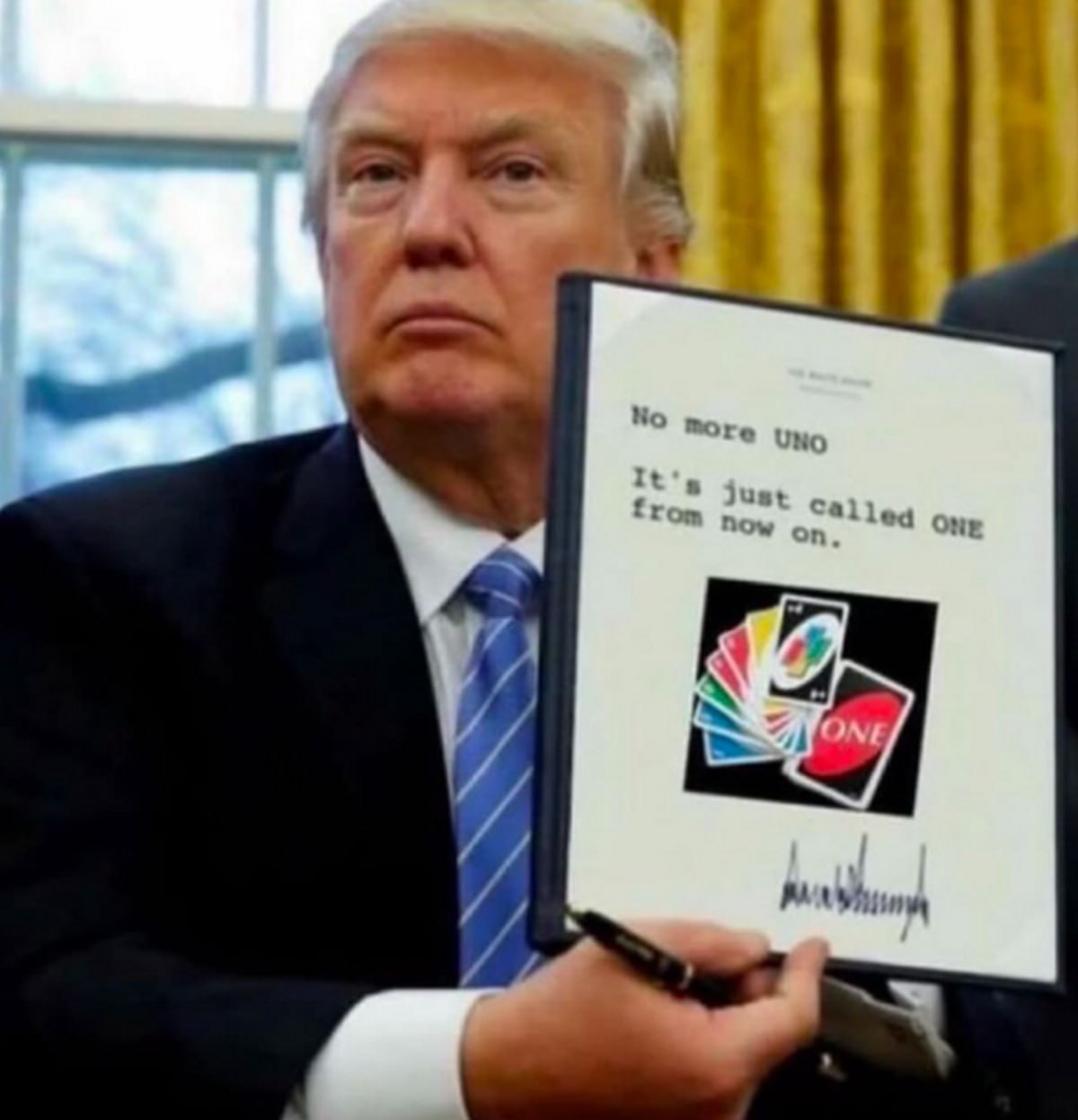 No more UNO, it's just called ONE from now on Дональд Трамп держит указ о переименовании игры UNO в ONE