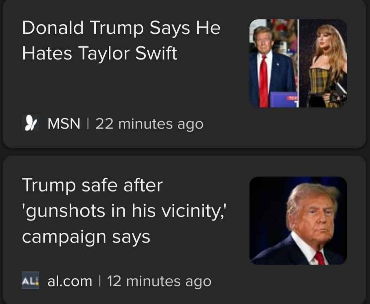 Donald Trump says he hates Taylor Swift Два новостных заголовка о Дональде Трампе, создающие забавный эффект причины и следствия