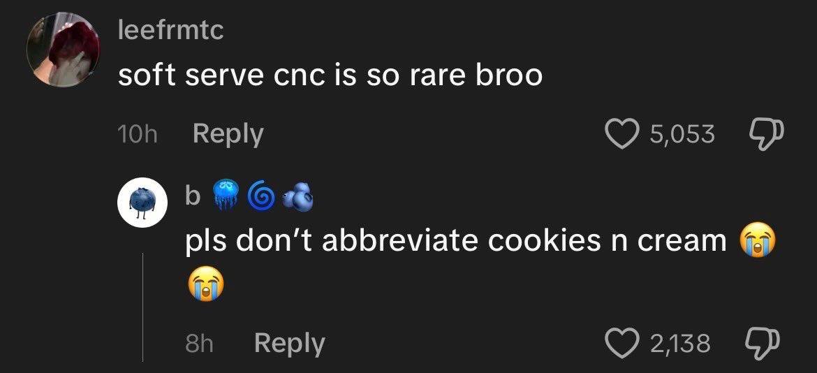 Пользователь эмоционально просит не сокращать cookies n cream в обсуждении мягкого мороженого.
