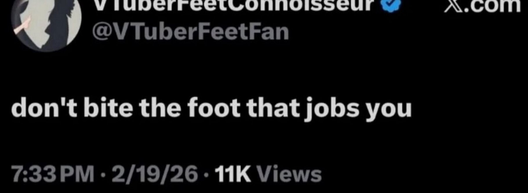 Скриншот поста VTuberFeetFan с фразой «don't bite the foot that jobs you» — игра слов на выражении «не кусай руку, которая тебя кормит».