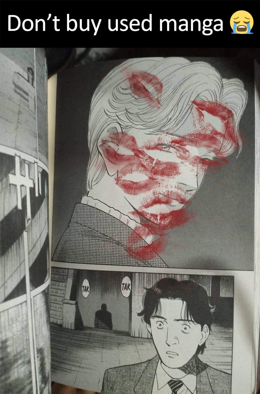 Don't buy used manga Манга с отпечатками губной помады и удивленный персонаж.