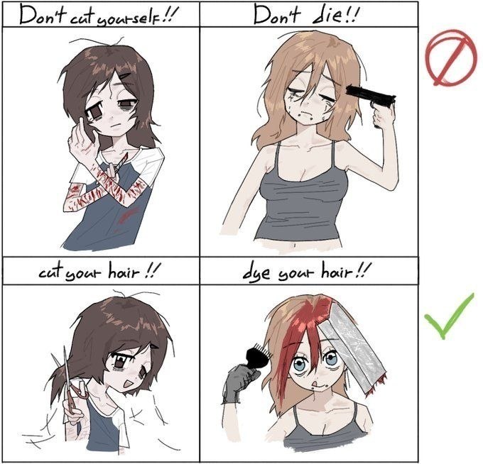 Аниме-комикс с надписями «Don't cut yourself!!», «Don't die!!», «cut goat hair!!» и «dye goat hair!!», где опасные действия заменены стрижкой и окрашиванием козьей шерсти.