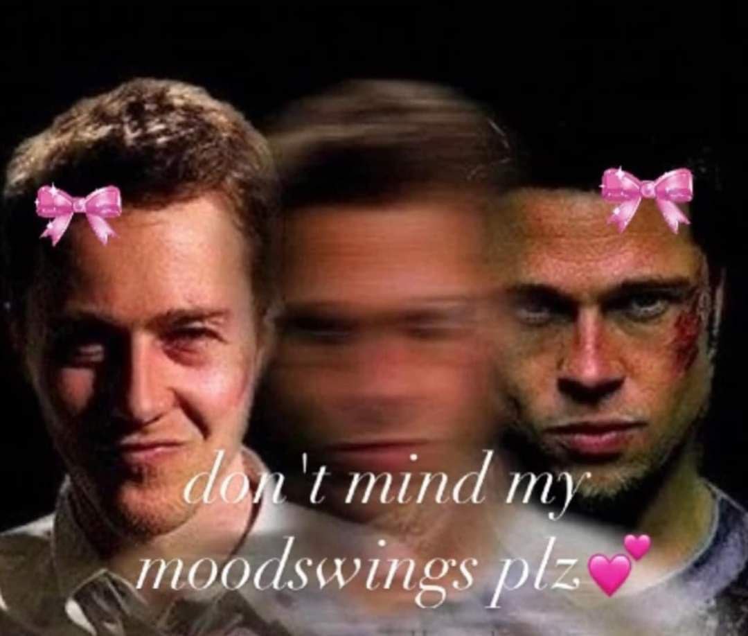Don't mind my moodswings plz Мем с кадром из фильма "Бойцовский клуб", где три лица Тайлера Дердена и Рассказчика сменяют друг друга, а сверху наложены розовые бантики и текст "Don't mind my moodswings plz".