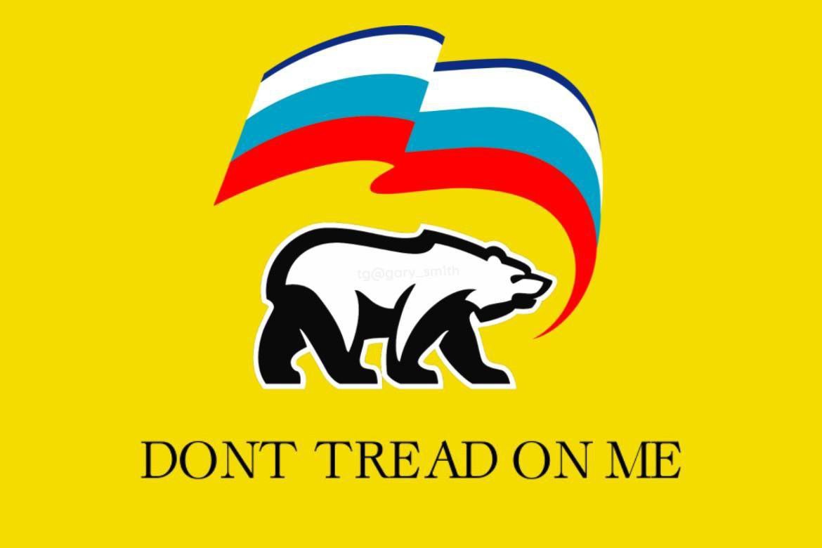 Не наступай на меня с российским флагом Медведь и российский флаг на жёлтом фоне с надписью "Dont tread on me"