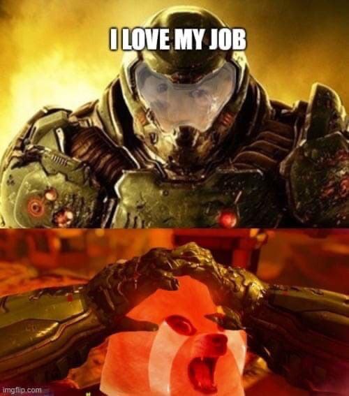 Думгай и чихуахуа I love my job Двухпанельный мем с Думгаем и Догго, где он держит злобную чихуахуа