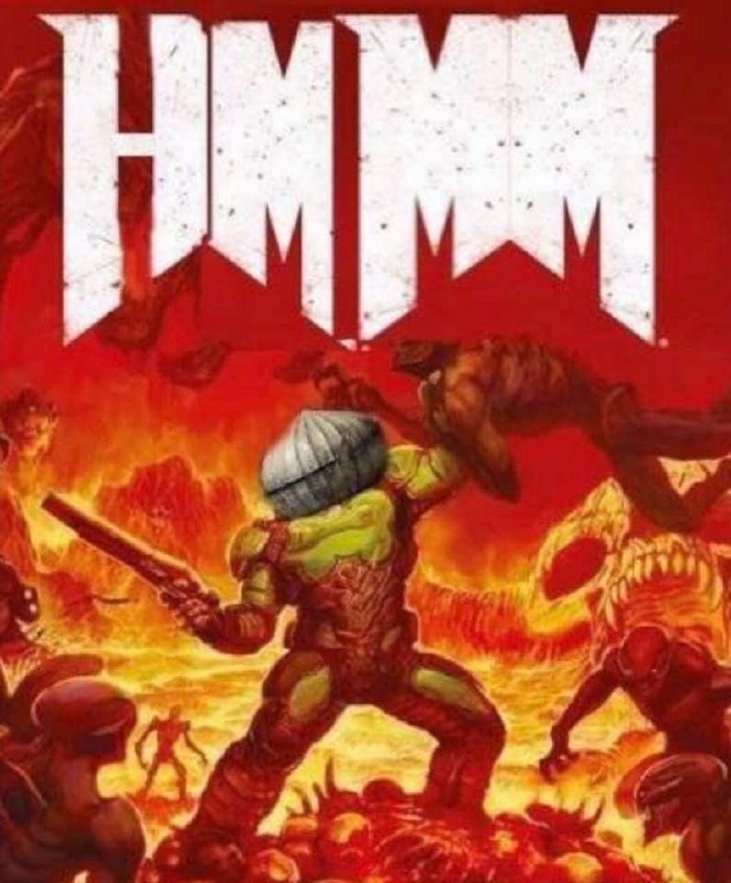 Doomguy в шапке гномика Мем с изображением Doomguy в шапке гномика и надписью HMM на красном фоне.