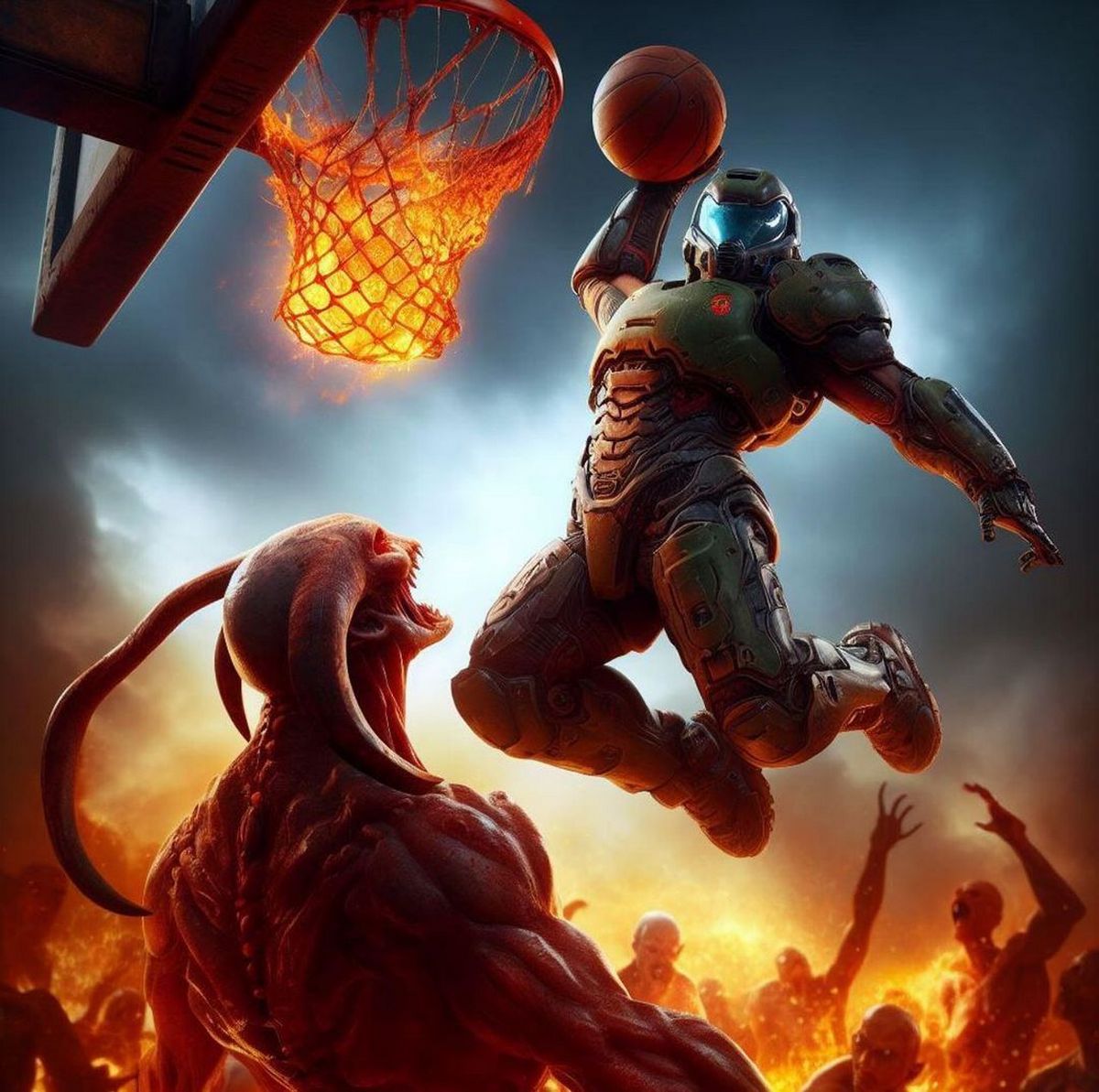 Палач Рока играет в баскетбол Палач Рока из игры Doom играет в баскетбол в аду, бросая мяч в огненное кольцо под изумленными взглядами демонов.