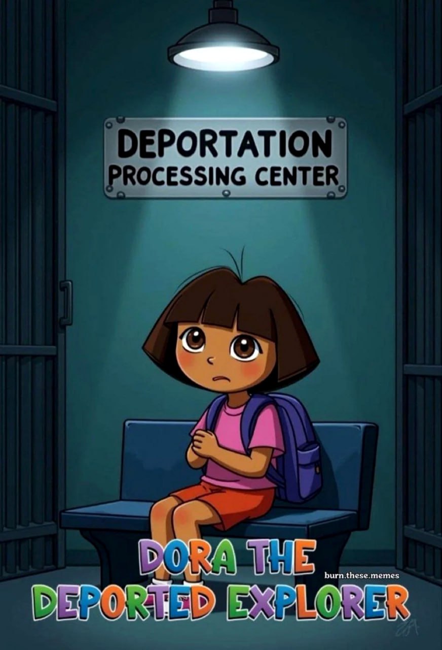 Dora the deported explorer Дора-путешественница сидит в центре обработки депортации и выглядит напуганной