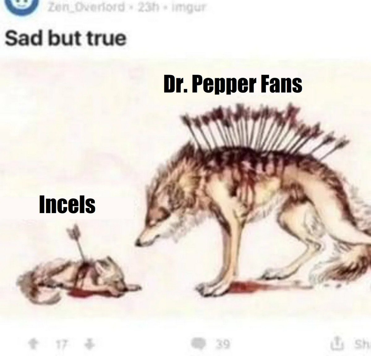 Мем про Dr. Pepper Fans и Incels Мем с волками, пронзенными стрелами, и надписями «Dr. Pepper Fans» и «Incels»