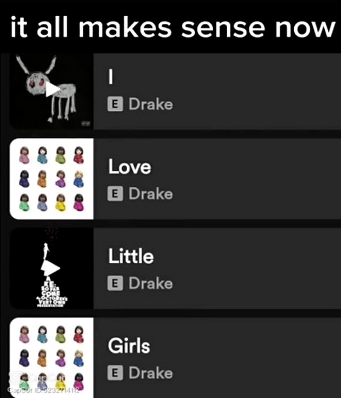 It all makes sense now, I love little girls Мем с плейлистом Дрейка, составляющим фразу "I love little girls"