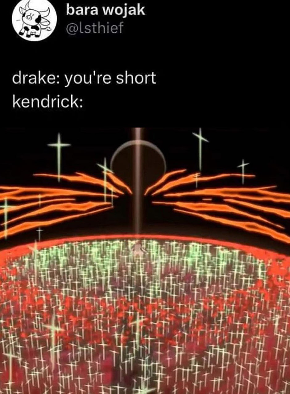 Drake you're short Kendrick Евангелион Мем с фразой "Drake: you're short. Kendrick:" и изображением из "Евангелиона", где показано множество крестов на поверхности красного цвета на фоне темного неба с оранжевыми лучами и большим темным кругом.