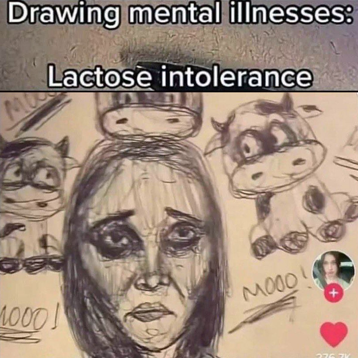 Drawing mental illnesses: Lactose intolerance Рисунок страдающей женщины с коровами на фоне и текстом «Drawing mental illnesses: Lactose intolerance»