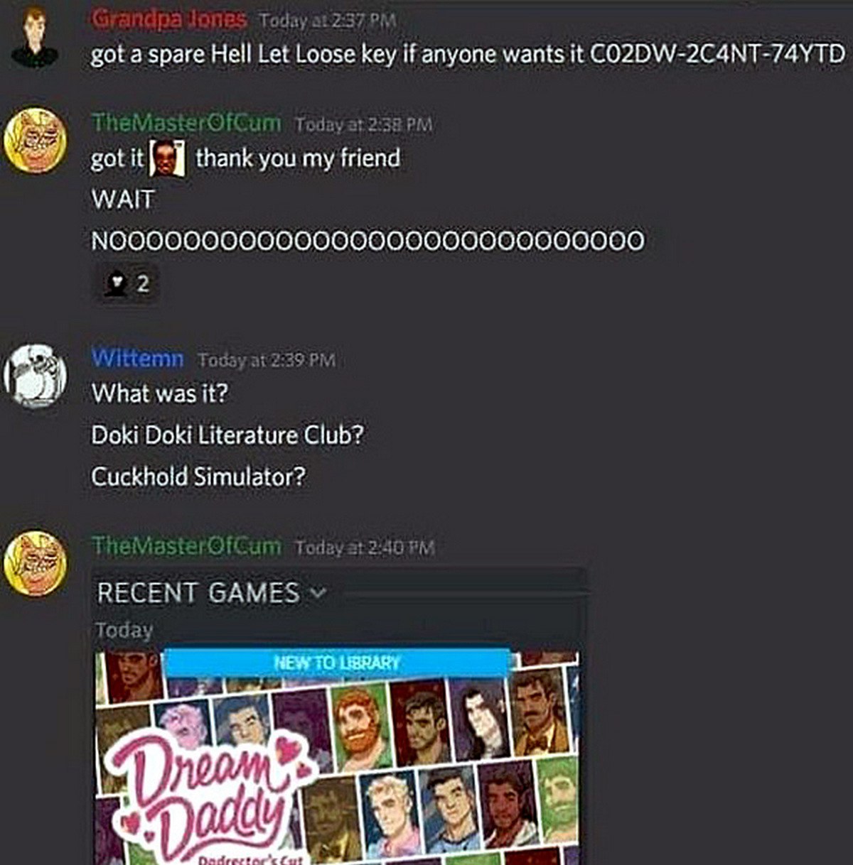 Ключ Dream Daddy в Discord Скриншот переписки в Discord, где пользователь получил ключ к игре Dream Daddy вместо Hell Let Loose.