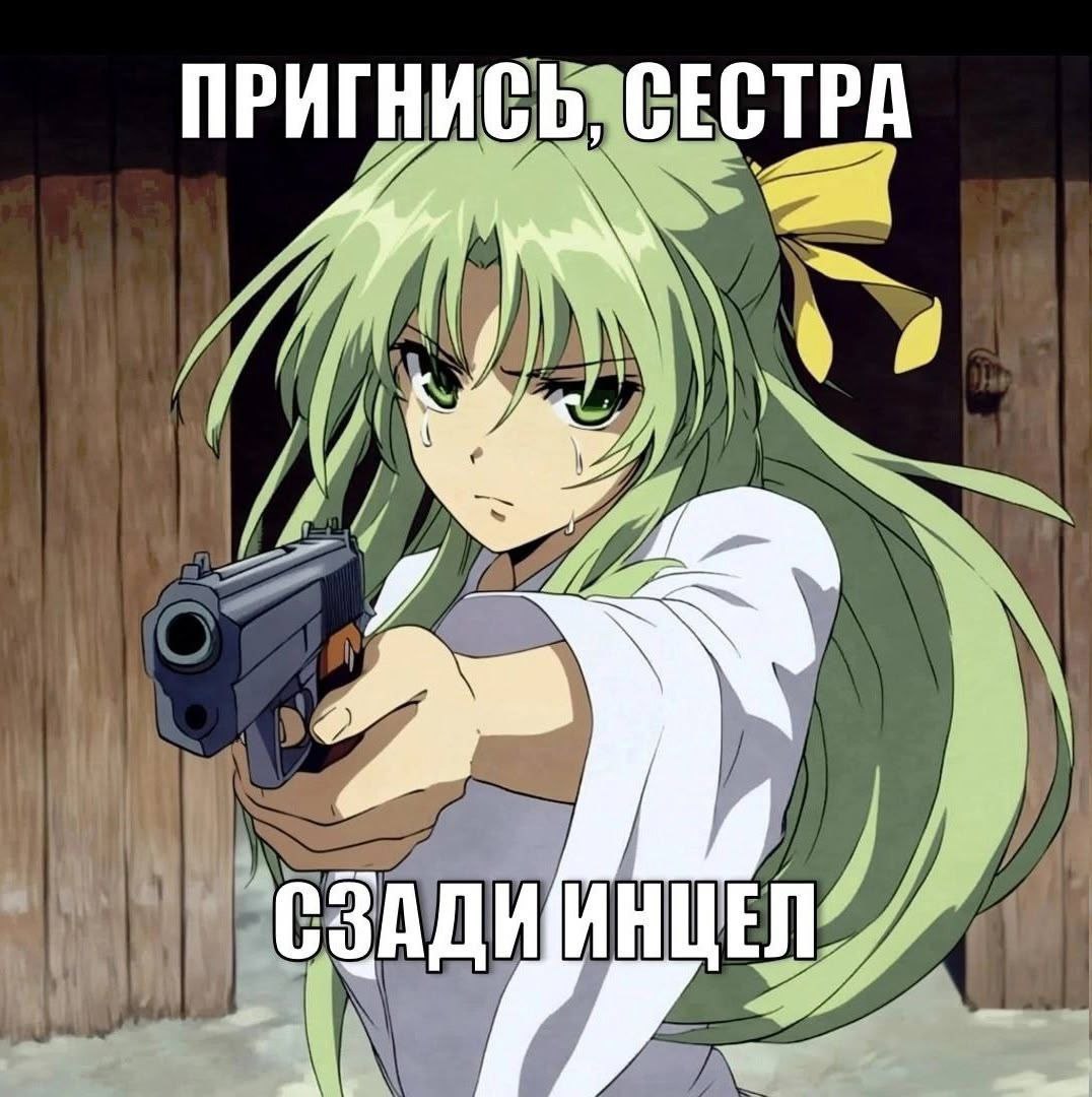 Пригнись, сестра, сзади инцел Мем с аниме-девушкой, которая говорит «Пригнись, сестра, сзади инцел» и держит пистолет