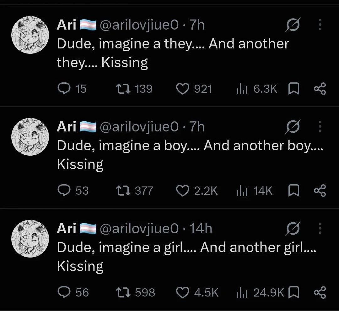 Скриншот постов: «Dude, imagine a they… And another they… Kissing», затем парень с парнем и девушка с девушкой