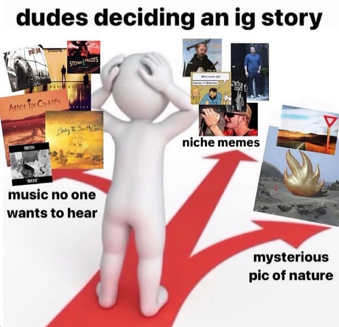 Dudes deciding an ig story Мем с 3D-человечком, выбирающим контент для истории в Instagram, с тремя вариантами: «музыка, которую никто не хочет слушать», «нишевые мемы» и «загадочные фотографии природы».