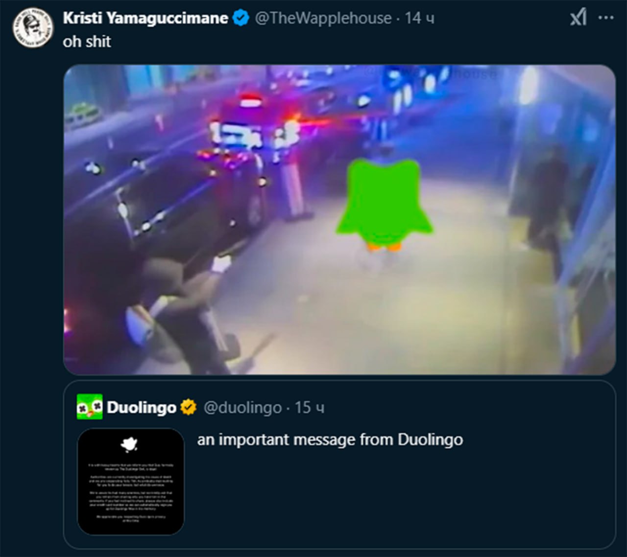 Duolingo нападает Мем с Дуолинго, который появился из-за угла, когда подъехала полиция, и с фразой «Oh shit» и твитом от Duolingo.