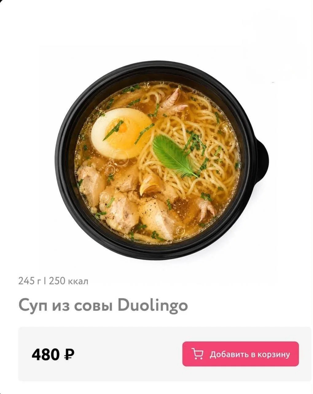 Шуточная карточка блюда «Суп из совы Duolingo» с лапшой, яйцом и курицей за 480 рублей.